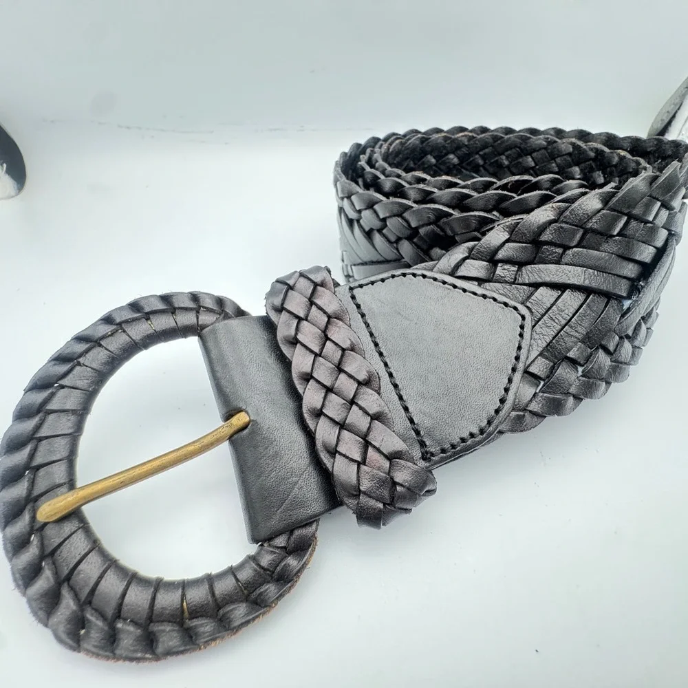 Vintage Black Braided Woven Leather Belt Wide Boho Round Buckle Brass Prong 40in